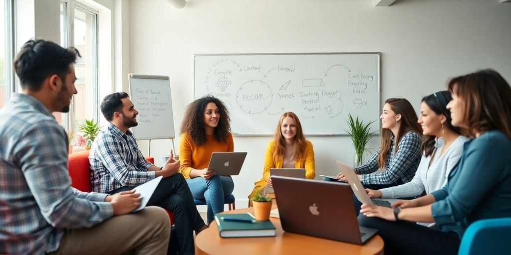 Entrepreneurs collaborating in a bright startup workspace.