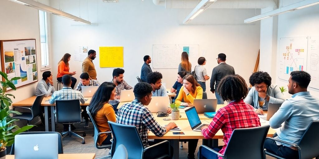 Entrepreneurs collaborating in a modern startup workspace.