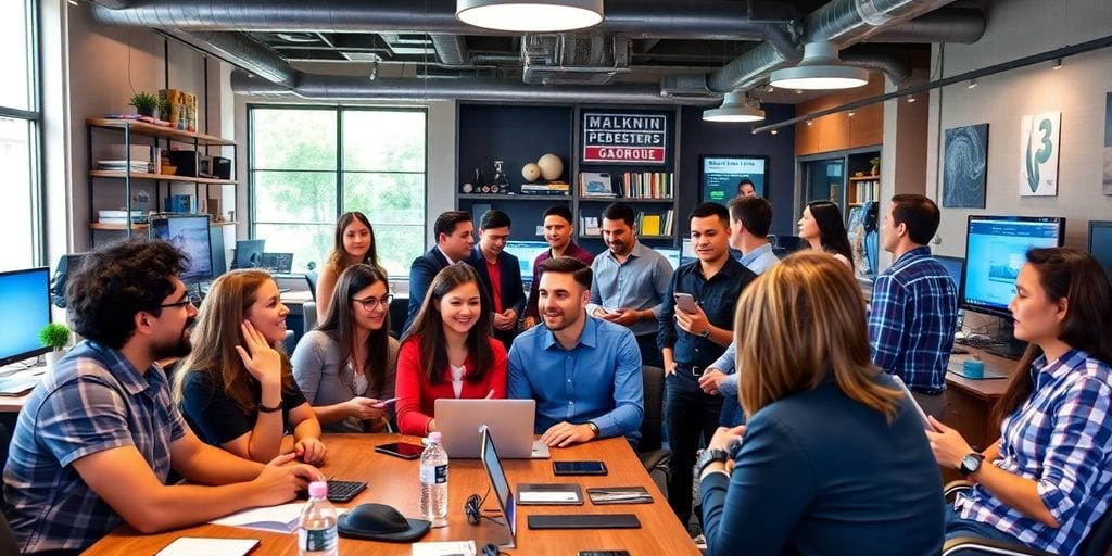 Entrepreneurs collaborating in a modern startup environment.