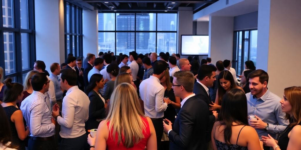 Networking professionals connecting at an Atlanta event.