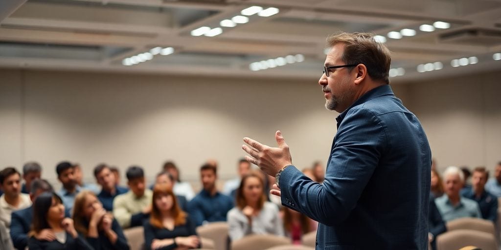 Professional speaker engaging an audience in a seminar room.