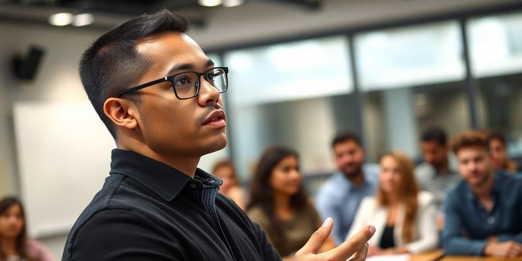 Person practicing public speaking in a bright classroom setting.