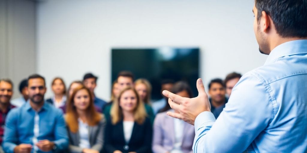 Confident speaker engaging audience in a professional setting.