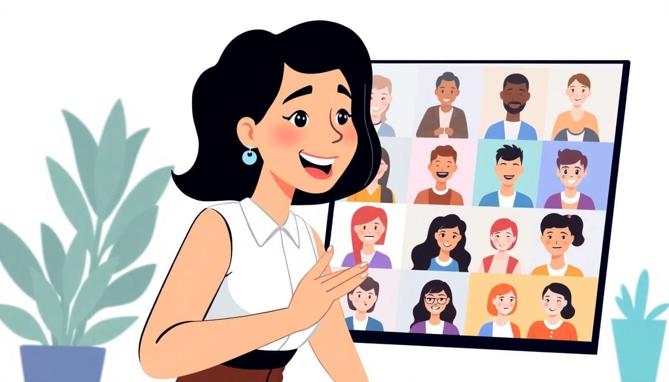 Female speaker engaging co-workers during a Zoom presentation.