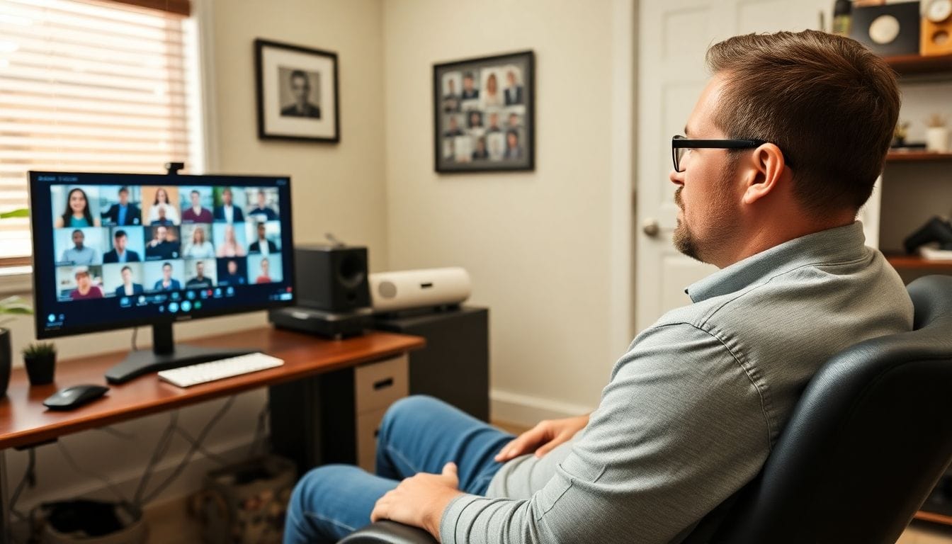 Man in home office participating in a Zoom call.
