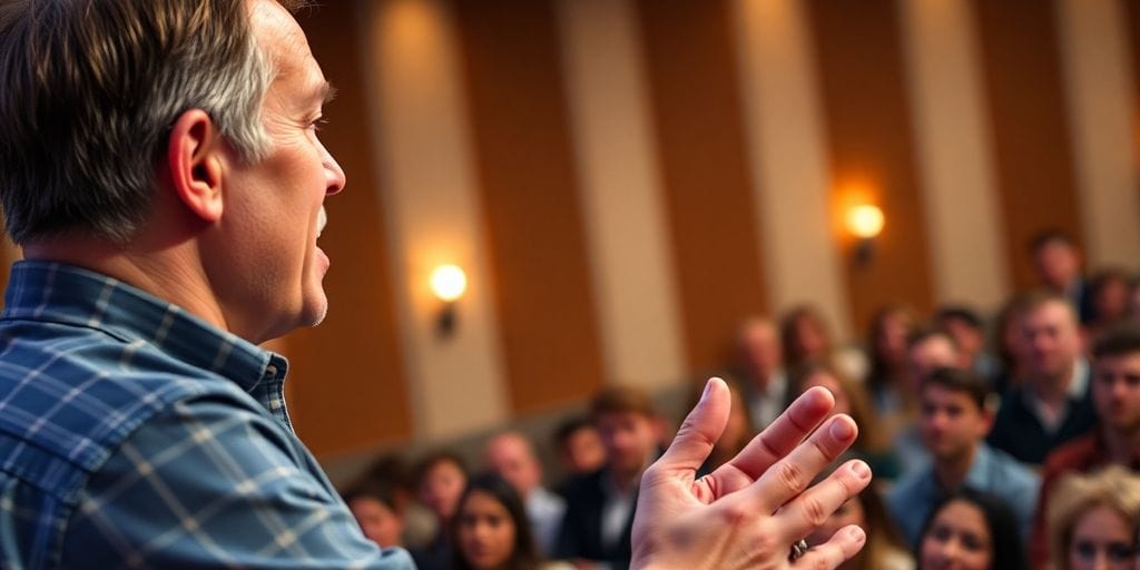 Engaging speaker captivating audience with storytelling in speech.