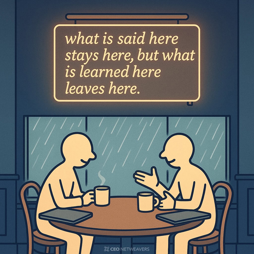 Two illustrated people sit at a table with coffee mugs, having a conversation. A glowing sign above them reads, “What is said here stays here, but what is learned here leaves here.”.