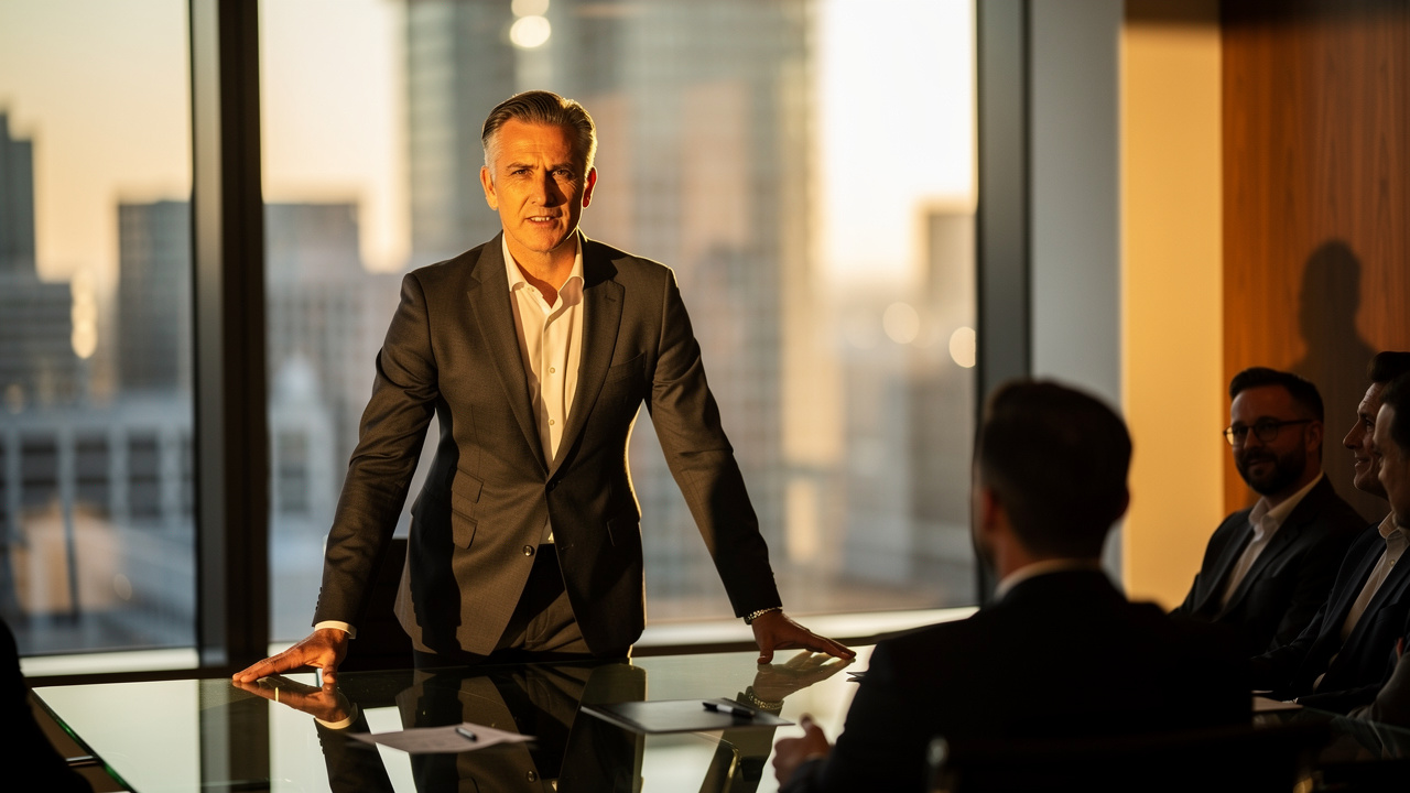 A man in a suit stands confidently at a conference table, embodying executive presence during a meeting in a modern office, with city buildings visible through large windows at sunset.