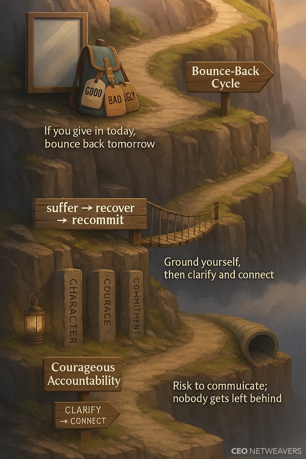 An illustrated mountain path highlights resilience with signs like "Bounce-Back Cycle" and "Courageous Accountability"—perfect for leadership lessons for CEOs. Lanterns, a backpack, and engraved stones enhance this inspiring journey.