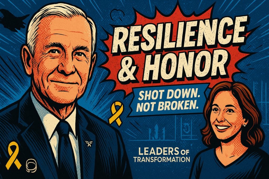 Illustration of an older man and woman smiling. Text reads: "RESILIENCE & HONOR. SHOT DOWN. NOT BROKEN. LEADERS OF TRANSFORMATION." Yellow awareness ribbons highlight their resilience and leadership lessons for aspiring CEOs.