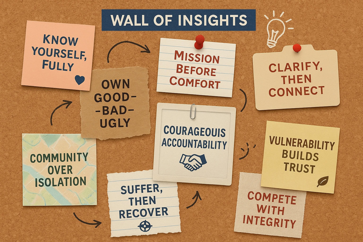 A corkboard titled "Wall of Insights" displays eight notes highlighting leadership lessons such as "Own good-bad-ugly," "Community over isolation," and "Compete with integrity." Arrows connect the notes, offering resilience wisdom for CEOs.