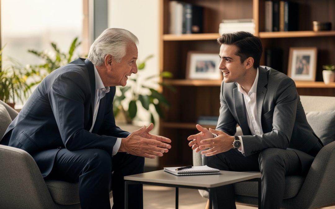 Two men in business suits sit in a modern office, engaged in a lively conversation. A notepad rests on the table between them, and shelves with books and plants are visible in the background.