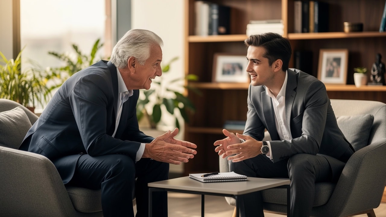 Senior executive mentoring younger leader in meaningful conversation