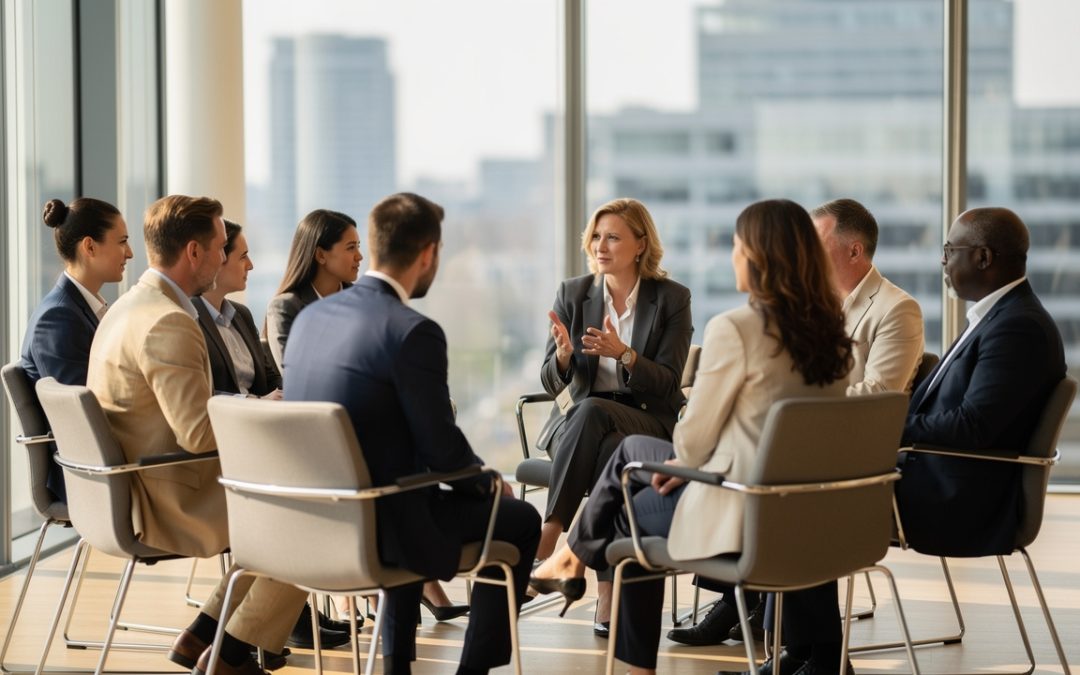 A group of business professionals sit in a circle having a discussion on leadership in a modern office with large windows and a city view in the background.
