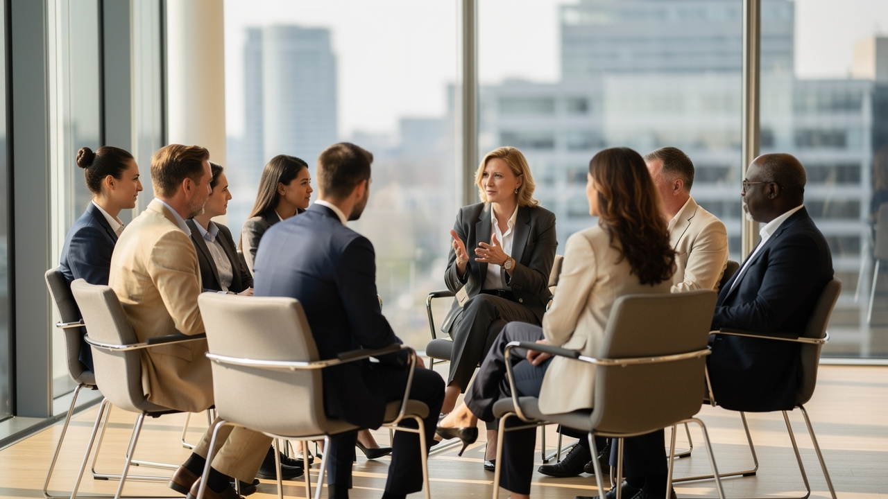 A group of business professionals sit in a circle having a discussion on leadership in a modern office with large windows and a city view in the background.