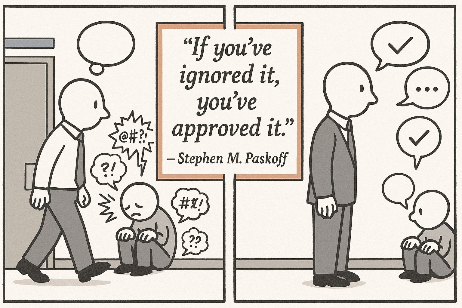 Two-panel comic: Left, a person yells and intimidates another who sits curled on the floor as a bystander walks away—highlighting Navigating Conflict in the Executive Team. Right, the bystander steps in to help, stopping the yelling. “If you’ve ignored it, you’ve approved it.”.