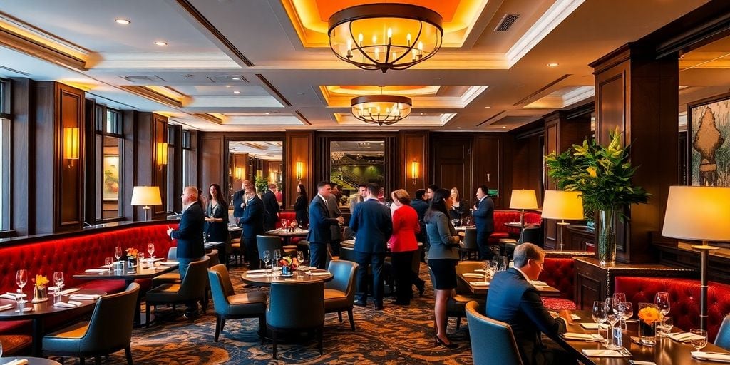 A spacious, elegant restaurant resembling a Buckhead club, with warm lighting and wooden panels. Several groups in formal attire stand and converse. Red cushioned benches and round tables are thoughtfully arranged, while large plants and decorative lamps enhance the ambiance.