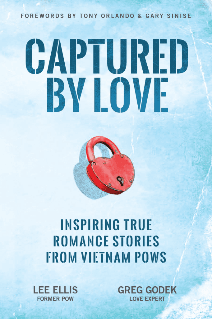 Book cover for "Captured By Love: Inspiring True Romance Stories From Vietnam POWs." A red padlock stands out on an ice-textured blue background, symbolizing resilience. Authors Lee Ellis and Greg Godek are listed at the bottom.