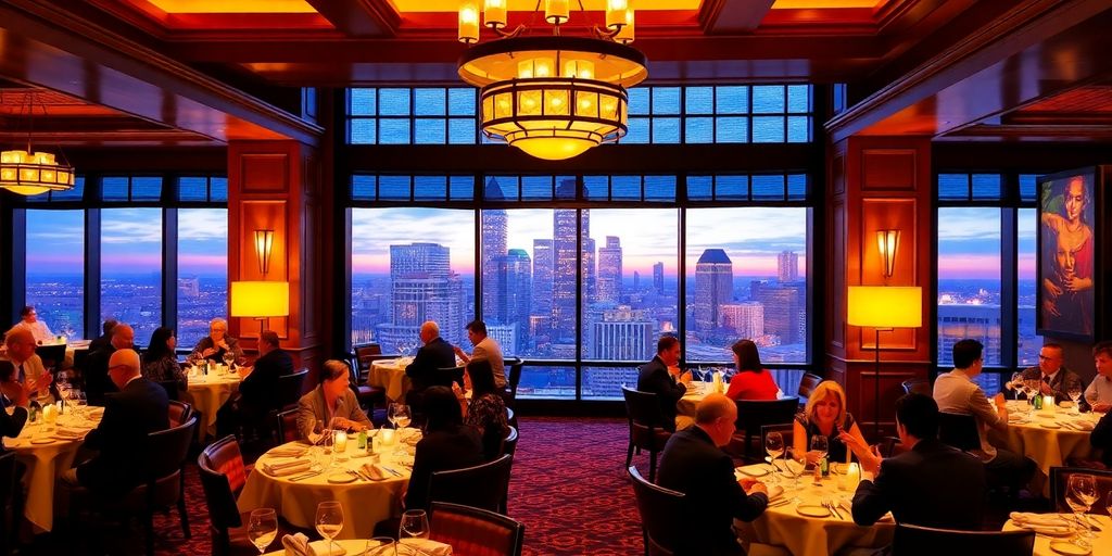 A luxurious restaurant reminiscent of the Buckhead Club, where people dine at elegantly set tables. Large windows showcase a stunning city skyline at sunset, the skyscrapers illuminated against a colorful sky. Warm lighting enhances the sophisticated ambiance.