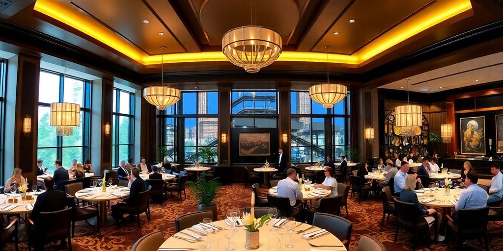 A spacious, elegant restaurant reminiscent of the Buckhead Club, with large windows and warm lighting. Guests are seated at round tables adorned with white tablecloths, savoring meals. The decor includes lush plants and framed artwork, while city buildings loom in view outside.