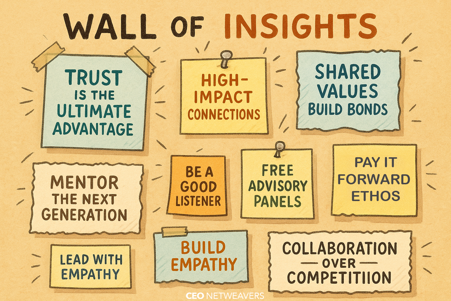 A bulletin board titled "Wall of Insights" displays notes about trust, empathy, shared values, collaboration, mentoring, and listening skills—emphasizing leadership and teamwork principles inspired by CEO Netweavers and servant leaders.