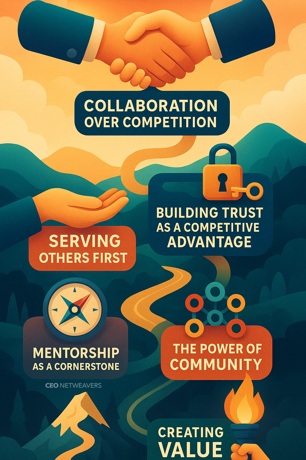 Illustration of hands shaking above a winding path with icons and text: "Collaboration over competition," "Building trust as a competitive advantage," "Serving others first," "Mentorship as a cornerstone," and "The power of community in the CEO Netweavers executive community.
