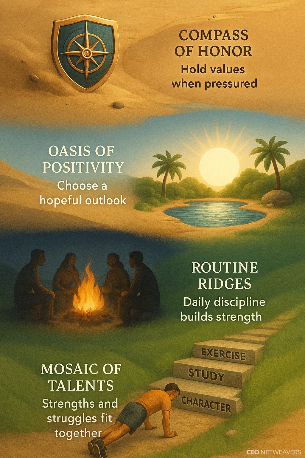 An illustrated scene with symbolic locations: a compass labeled "Compass of Honor" for Leadership, a pond at sunrise labeled "Oasis of Positivity," people by a campfire labeled "Mosaic of Talents," and stone steps labeled "Routine Ridges.