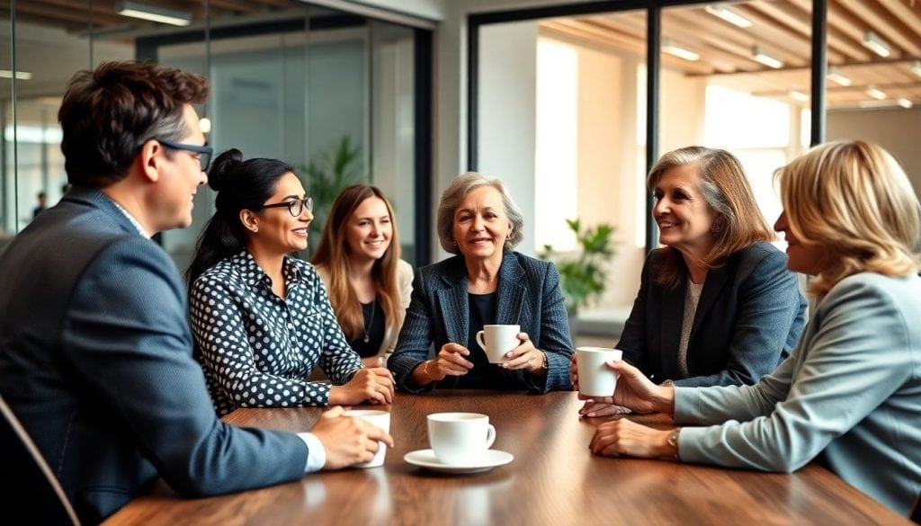 A group of six people in business attire sit around a wooden table, smiling and holding coffee cups. With large windows and lush greenery, the room creates a bright and welcoming atmosphere, perfect for discussing their exciting encore careers.