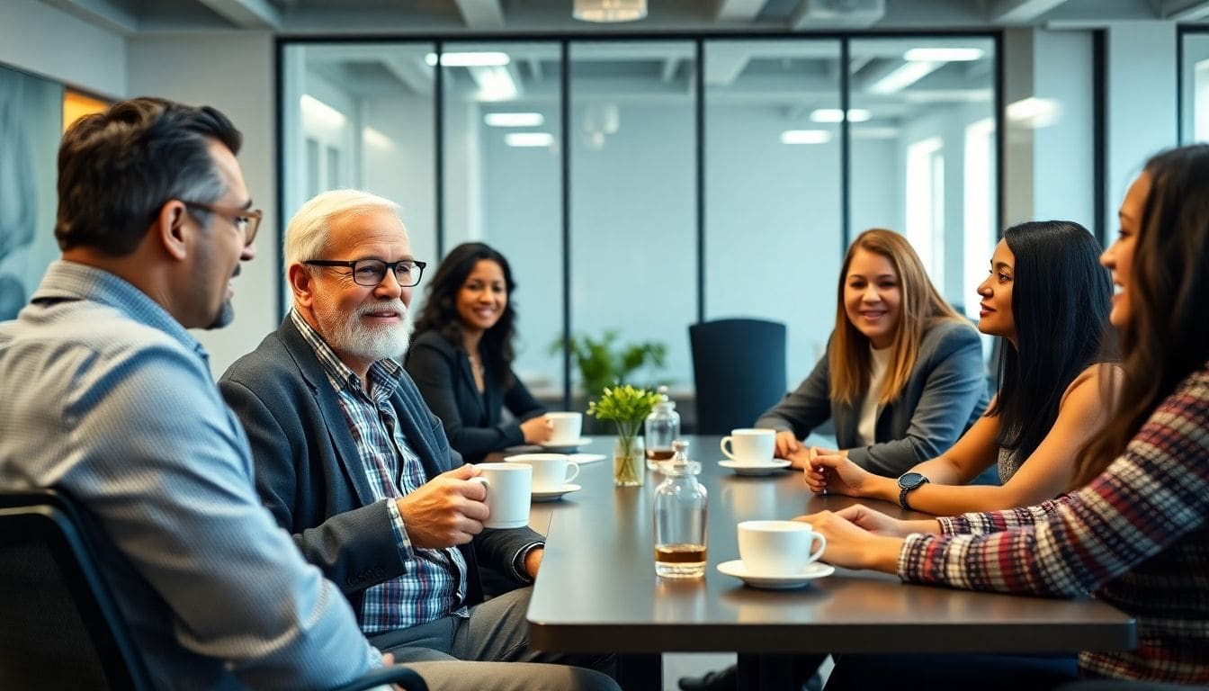 A diverse group of six people is deeply engaged in conversation around a conference table, exploring encore career opportunities. Coffee cups, a bottle of water, and a potted plant adorn the table. The room is bright with large windows framing the scene.