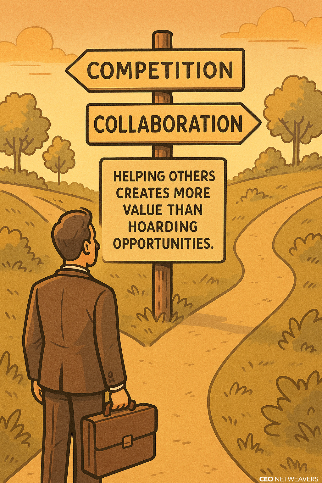 A person in business attire stands at a fork in the road with signposts labeled "Competition" and "Collaboration." A sign reads, "Helping others creates more value than hoarding opportunities," reflecting the spirit of CEO Netweavers servant leaders.