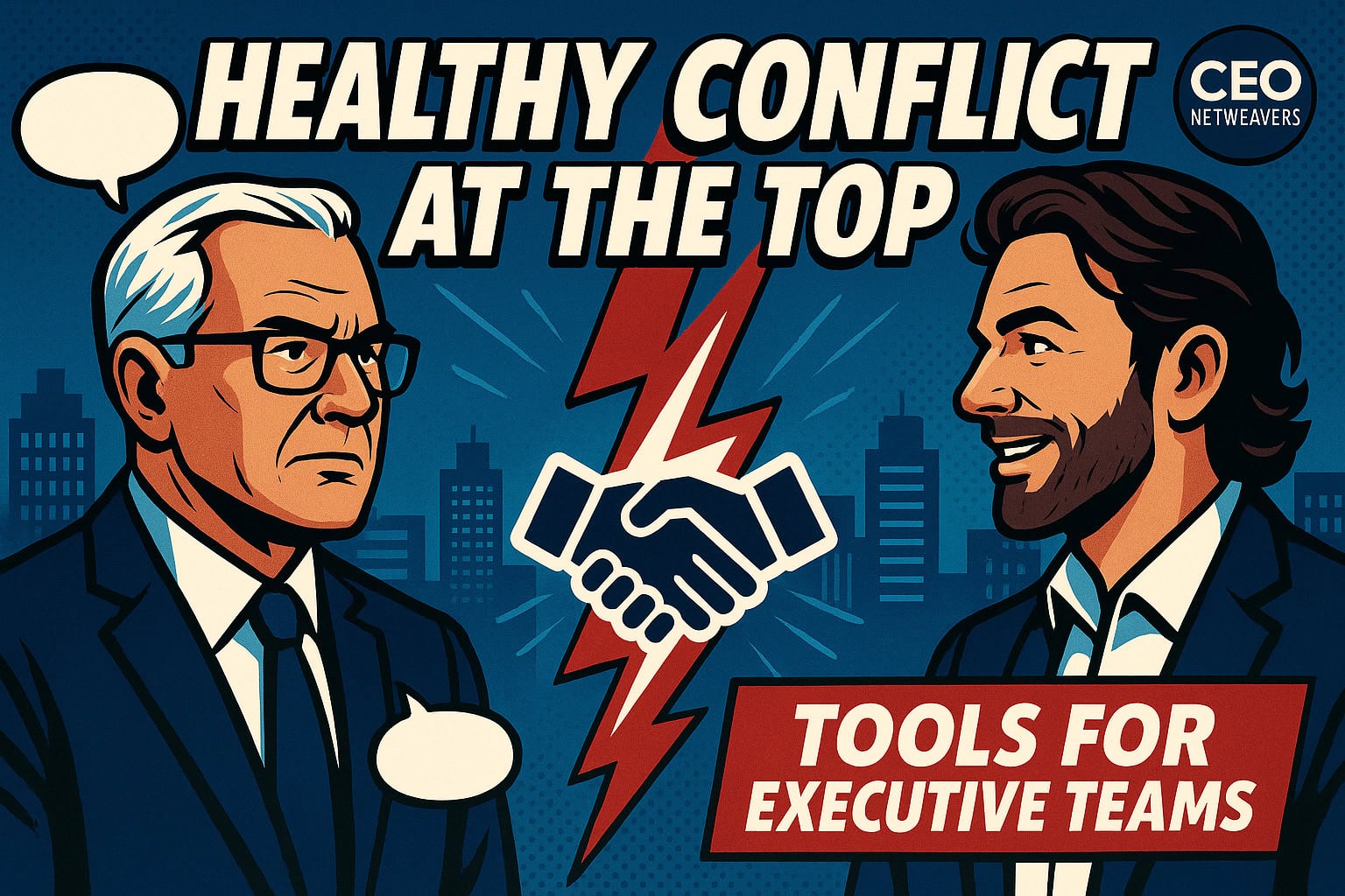 Illustration of two business executives facing each other with speech bubbles, a handshake and lightning bolt between them. Text reads, "Healthy Conflict at the Top," "Tools for Executive Teams," and "Navigating Conflict in the Executive Team." CEO Netweavers logo in corner.
