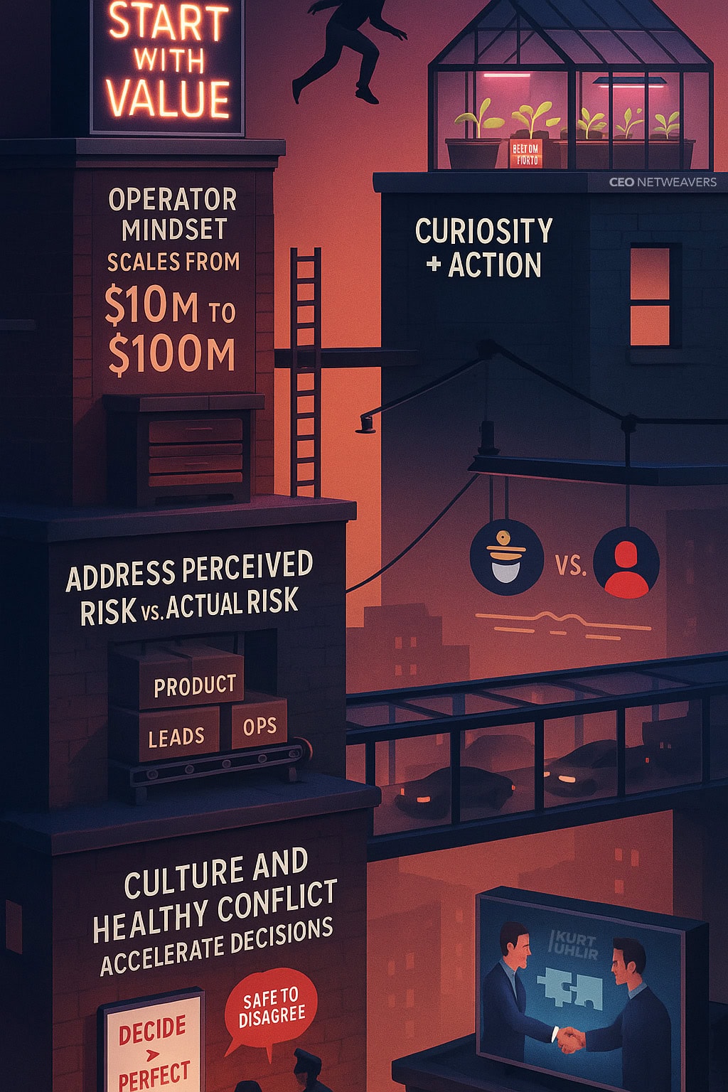 Illustration of buildings with business concepts: “Start with value,” “Operator mindset scales from $10M to $100M,” “Curiosity + action,” and others, with a person climbing ladders and making decisions.