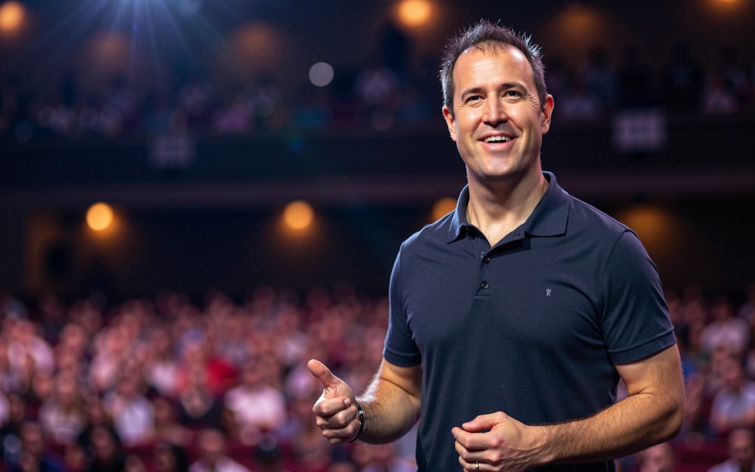 A smiling man in a dark polo shirt stands on stage, giving a thumbs up, with a blurred audience and bright stage lights in the background.