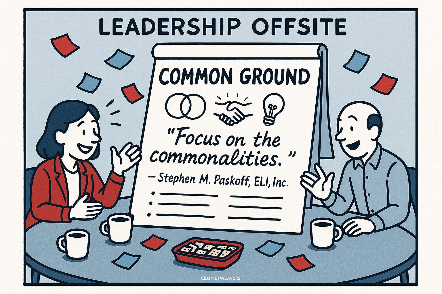 Cartoon of two people discussing at a table with coffee mugs. Behind them, a flip chart reads "LEADERSHIP OFFSITE, COMMON GROUND," highlighting the importance of Navigating Conflict in the Executive Team with shared understanding.