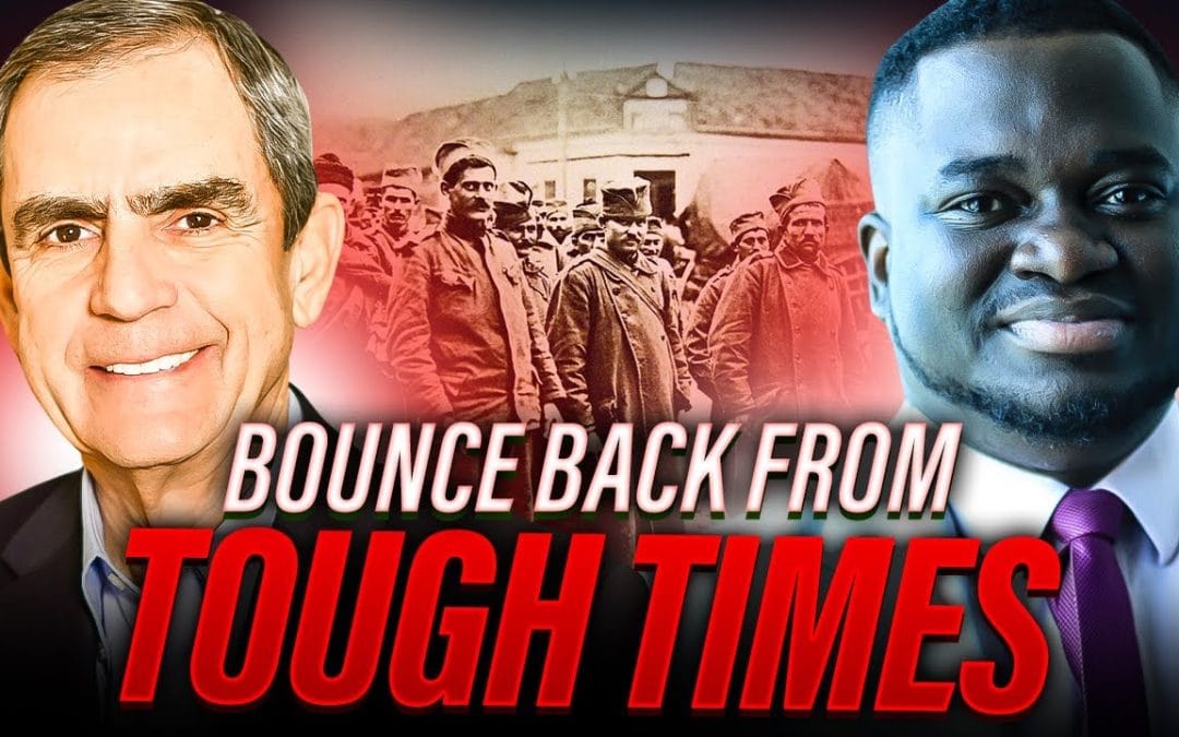 Two men in business attire smile in front of a sepia-toned historical photo, with bold text overlay: "Bounce Back From Tough Times." Featuring insights on leadership from Lee Ellis on the Creativity Boost Podcast.