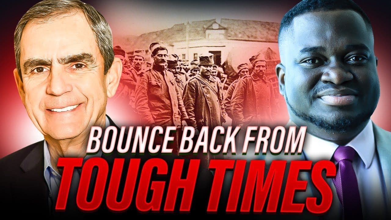Two men in business attire smile in front of a sepia-toned historical photo, with bold text overlay: "Bounce Back From Tough Times." Featuring insights on leadership from Lee Ellis on the Creativity Boost Podcast.