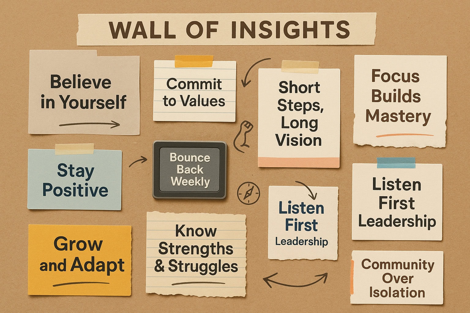 A bulletin board titled "Wall of Insights" displays notes like "Believe in Yourself," "Commit to Values," and "Focus Builds Mastery," inspired by leadership lessons from Lee Ellis and conversations on the Creativity Boost Podcast.