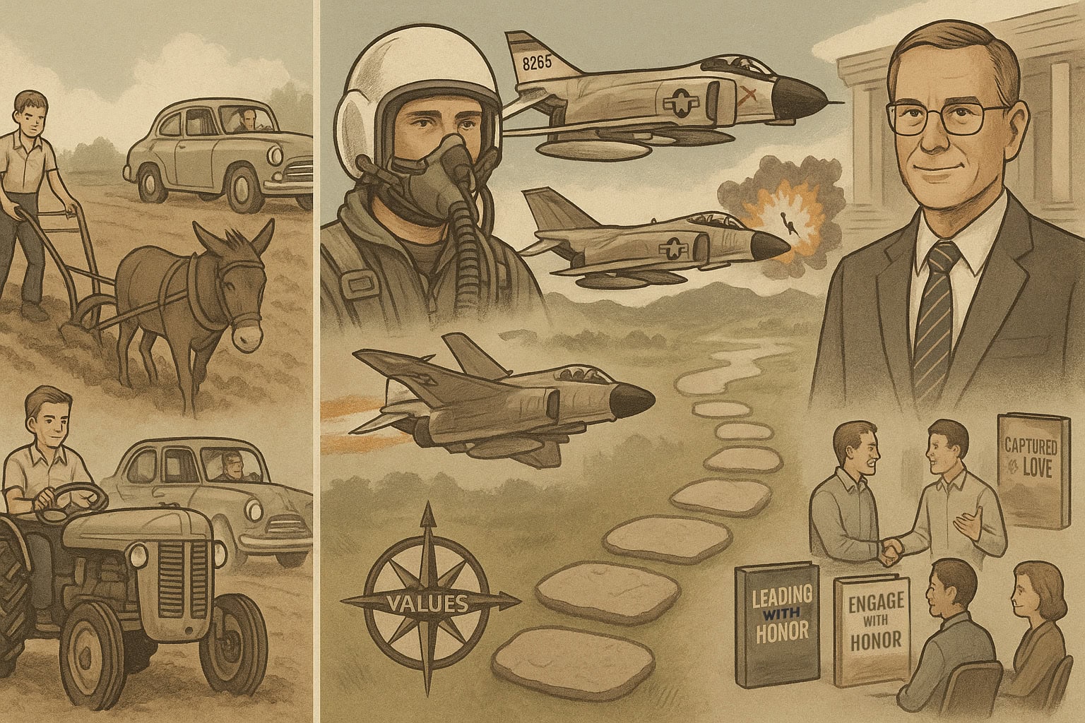 A man grows up farming, builds resilience, becomes a fighter pilot, and later a leader. Scenes show him with a donkey, tractor, jet planes, and guiding others by signs reading "VALUES," "LEADING WITH HONOR," and "ENGAGE WITH HONOR.