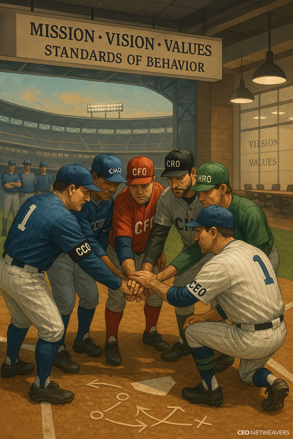 Six baseball players labeled as CCO, CTO, CFO, CRO, CHRO, and CEO huddle on a field with a playbook diagram at their feet and a banner above reading “Mission, Vision, Values, Standards of Behavior”—navigating conflict in the executive team together.