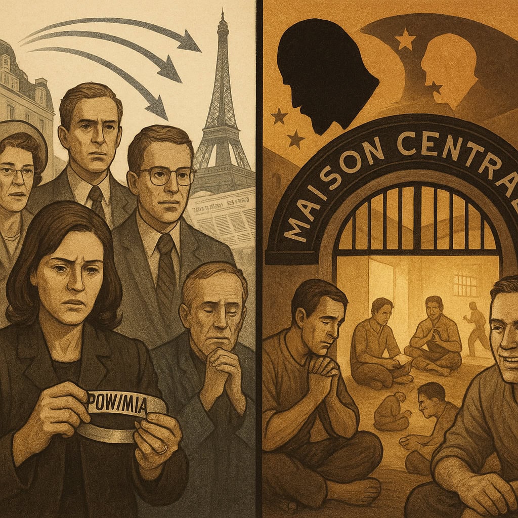 A split image: left, serious people in front of the Eiffel Tower with arrows behind them, hinting at leadership; right, silhouettes above a prison labeled "Maison Centrale," with men sitting together inside a cell.