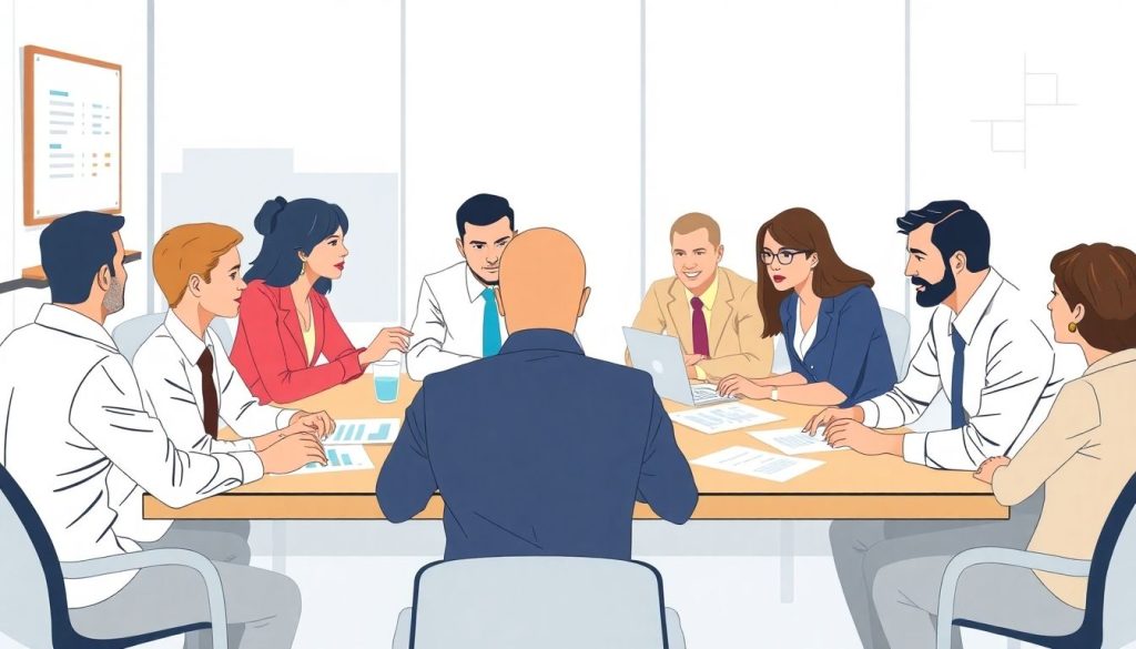 Illustration of eight diverse people in formal attire sitting around a conference table. Papers and a laptop are on the table, suggesting a deep dive into private equity vs venture capital. They appear engaged in discussion, with a bulletin board visible in the background.