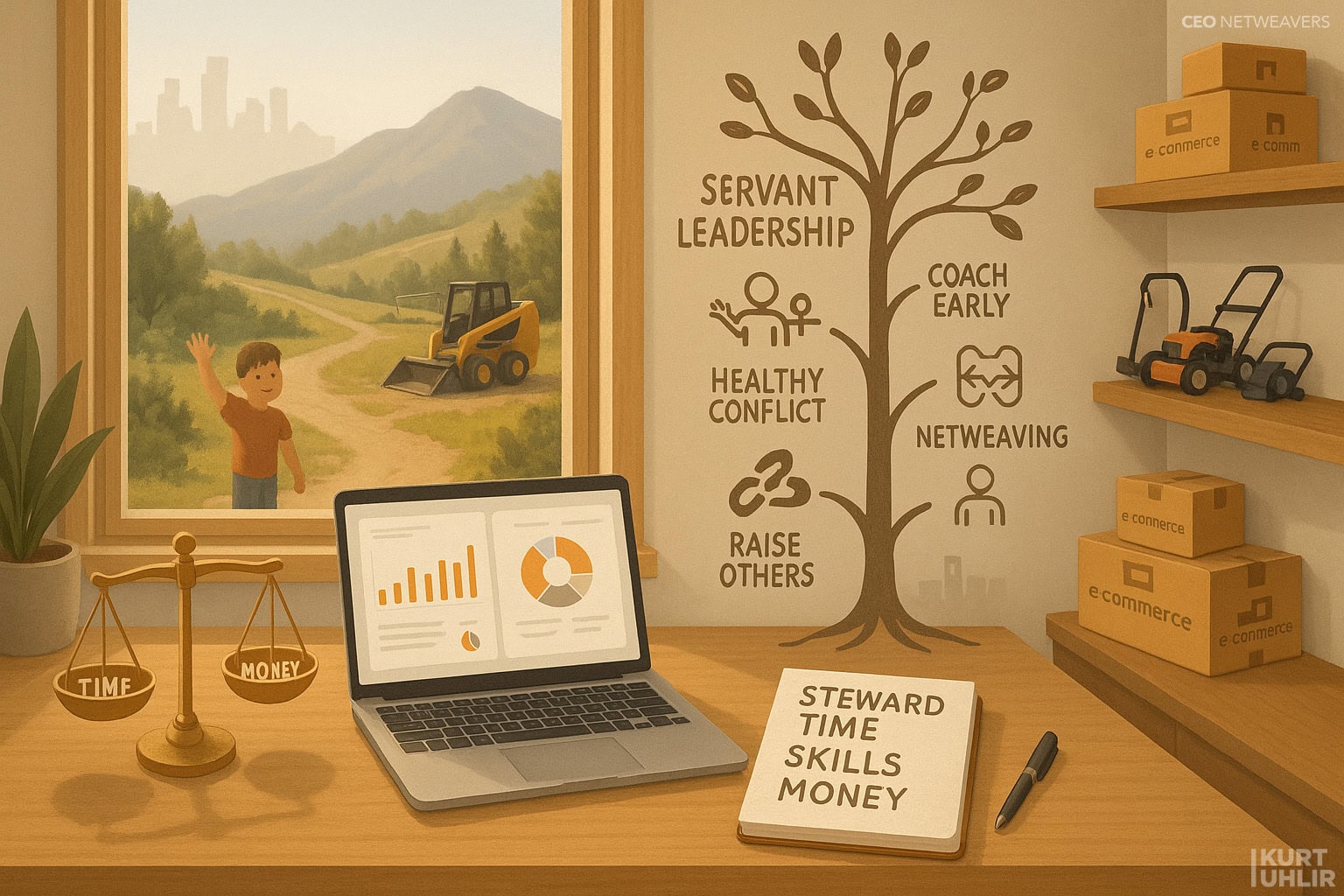 An office with a laptop, notepad, and scales of time and money on a desk. A window shows a child outside. A wall tree diagram highlights servant leadership, coaching, healthy conflict, netweaving, and raising others.