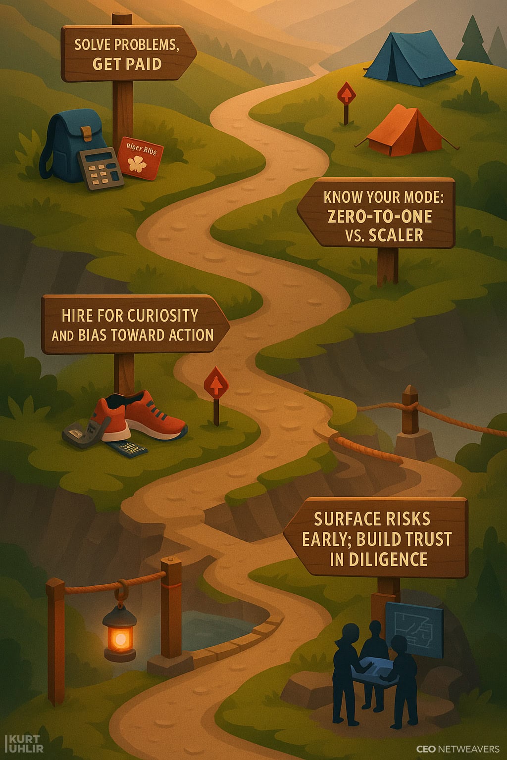 An illustrated winding path leads through a landscape, with signs reading: "Solve problems, get paid," "Know your mode: zero-to-one vs. scaler," and "Kurt Uhlir’s Buy vs. Build—surface risks early; build trust in diligence.