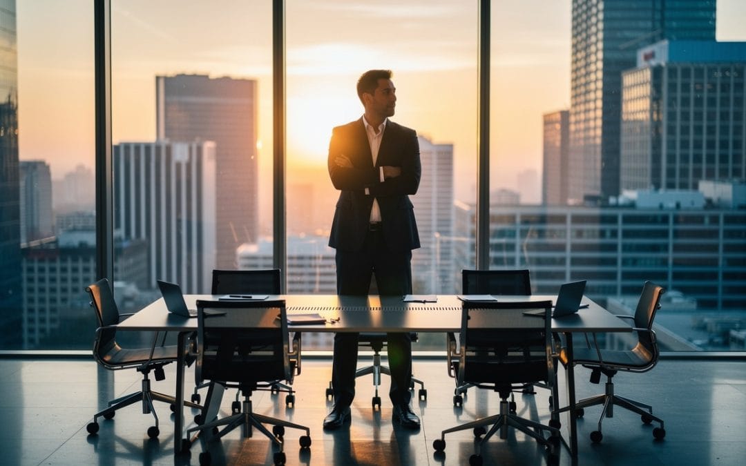 A man in a business suit stands confidently at the head of a conference table in a modern office, embodying the essence of leading in VUCA as city lights glow beyond large windows at sunset. Laptops sit ready for navigating chaos to clarity.