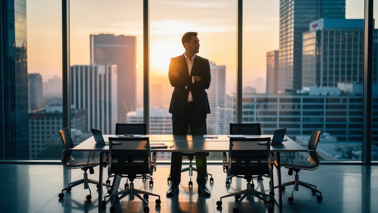 A man in a business suit stands confidently at the head of a conference table in a modern office, embodying the essence of leading in VUCA as city lights glow beyond large windows at sunset. Laptops sit ready for navigating chaos to clarity.