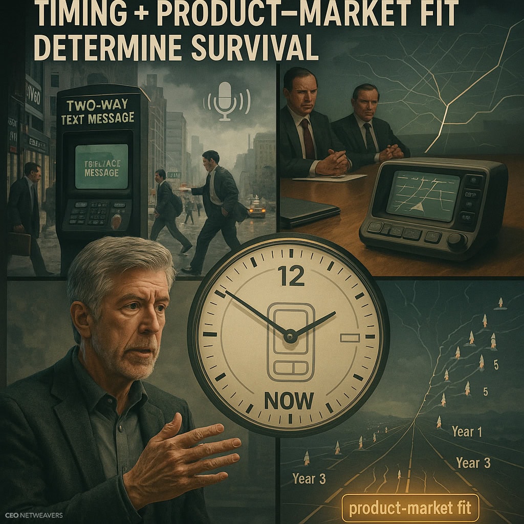 A collage shows startups in meetings, old text messaging devices, a large clock pointing to "NOW," and a graph labeled "product–market fit," illustrating the importance of timing and customer discovery in business survival.