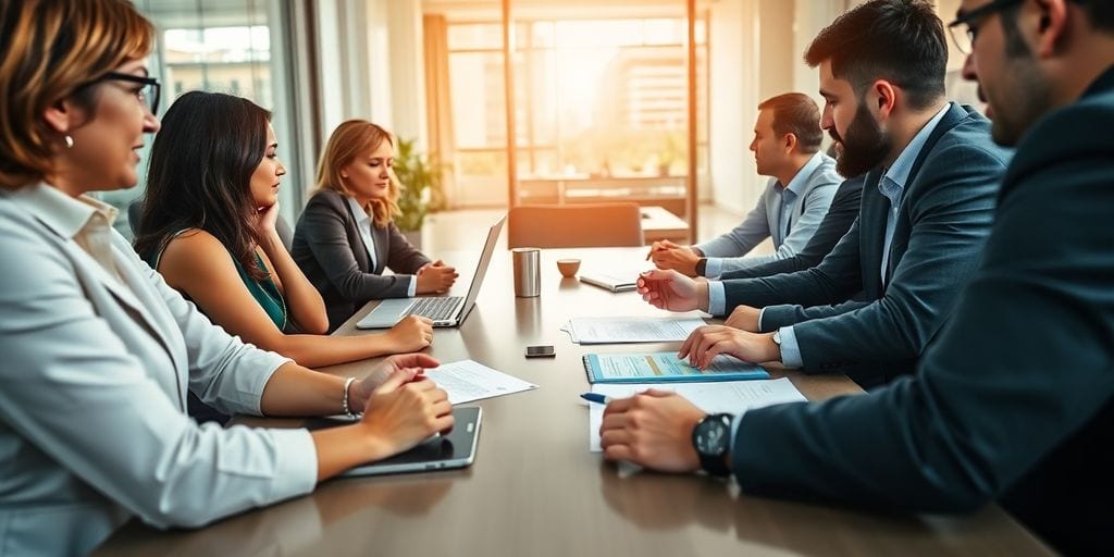A group of six people in business attire is seated around a conference table, deeply engaged in a meeting about private equity vs venture capital strategies. Documents and a laptop are on the table, while sunlight streams through large windows, creating a bright atmosphere.