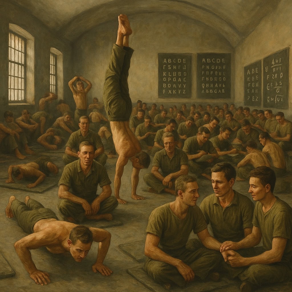 A group of men in uniform sit, stretch, or exercise on mats in a large, sparsely furnished room with barred windows and alphabet charts on the walls. Inspired by Lee Ellis’s leadership mandate, one man performs a handstand in the center.
