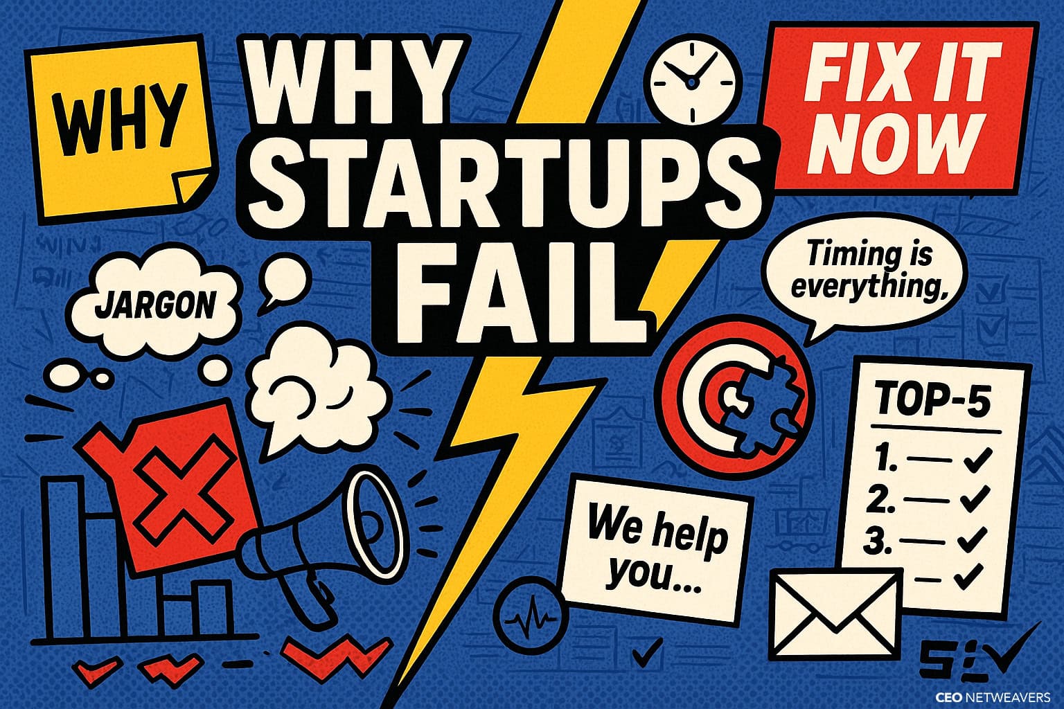 A colorful graphic features large text "Why Startups Fail," surrounded by icons like checklists, alarms, a bullseye, and phrases such as "Fix It Now," "Product-Market Fit," "Jargon," and "Timing is everything.